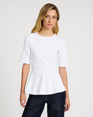 Ponte Crew Neck Elbow Sleeve Peplum Top
