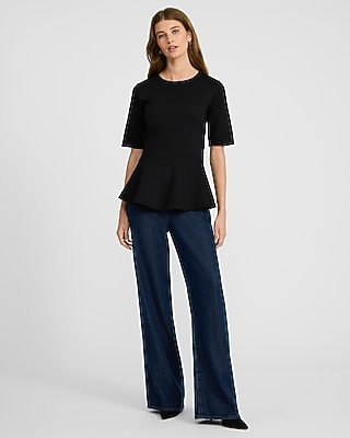 Ponte Crew Neck Elbow Sleeve Peplum Top - image 3