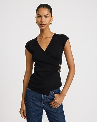 V-Neck Short Sleeve Gold Hardware Surplice Top