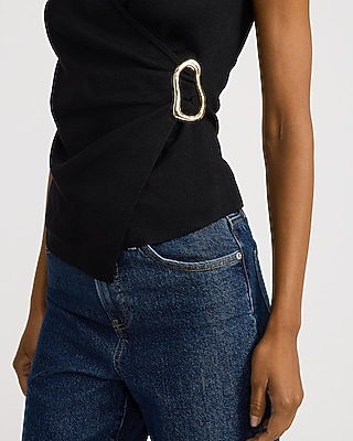 V-Neck Short Sleeve Gold Hardware Surplice Top