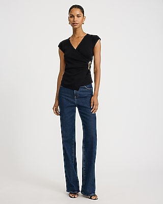 V-Neck Short Sleeve Gold Hardware Surplice Top