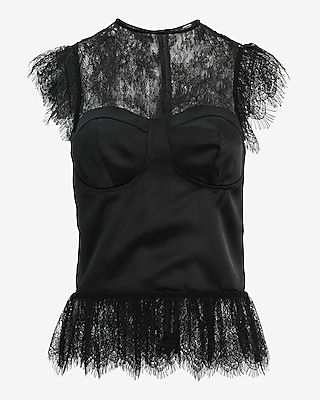 Lace Crew Neck Flutter Sleeve Bustier Peplum Top
