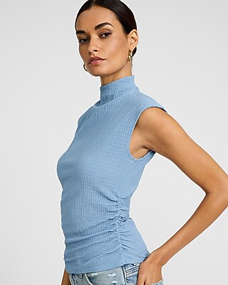 Textured Mock Neck Cap Sleeve Ruched Top - image 5