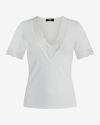 Ribbed Lace Trim V-Neck Elbow Sleeve Tee
