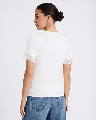 Ribbed Lace Trim V-Neck Elbow Sleeve Tee
