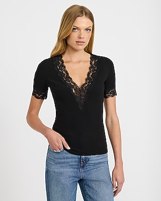 Ribbed Lace Trim V-Neck Elbow Sleeve Tee