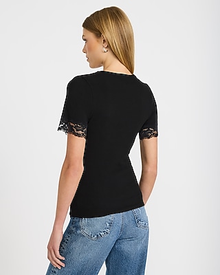 Ribbed Lace Trim V-Neck Elbow Sleeve Tee