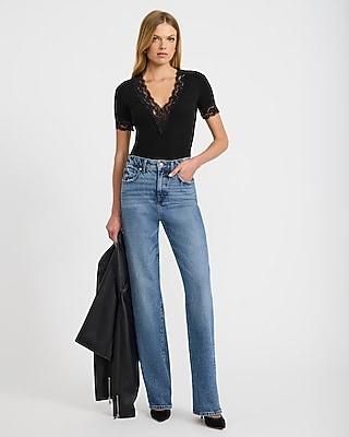 Ribbed Lace Trim V-Neck Elbow Sleeve Tee