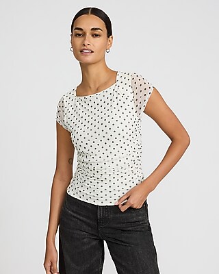 Polka Dot Mesh Cap Sleeve Ruched Tee - image 2