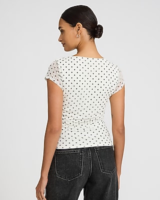 Polka Dot Mesh Cap Sleeve Ruched Tee - image 3