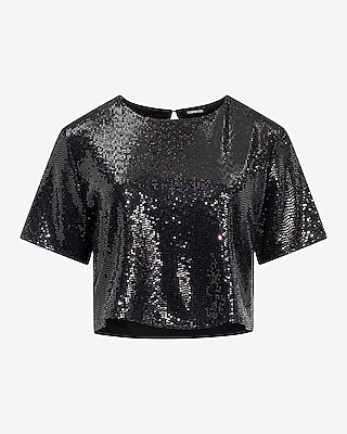 Sequin Crew Neck Cropped Boyfriend Tee