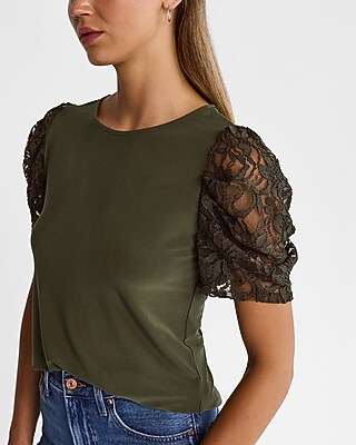 Crew Neck Lace Puff Sleeve Tee - image 2