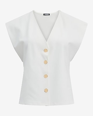 Ponte Cap Sleeve V-Neck Novelty Button Vest Top - image 4