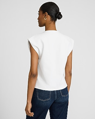 Ponte Cap Sleeve V-Neck Novelty Button Vest Top - image 2