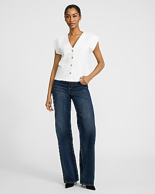 Ponte Cap Sleeve V-Neck Novelty Button Vest Top - image 3