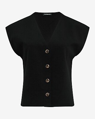 Ponte Cap Sleeve V-Neck Novelty Button Vest Top - image 4