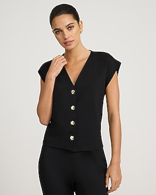 Ponte Cap Sleeve V-Neck Novelty Button Vest Top - image 5