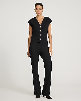 Ponte Cap Sleeve V-Neck Novelty Button Vest Top - image 3