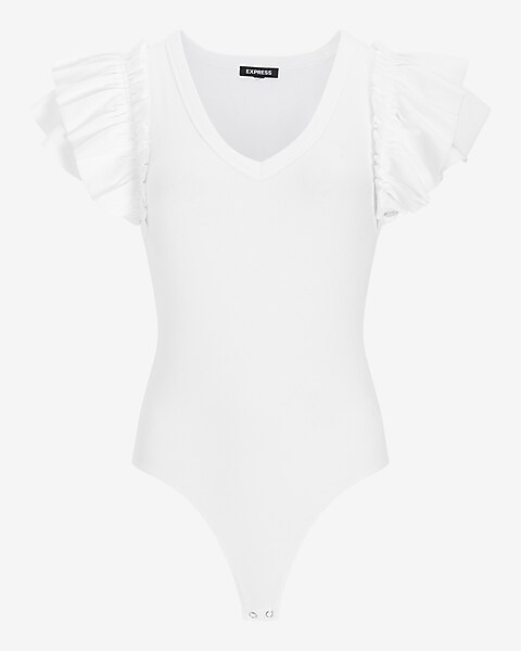 Magic Bodyfashion smoothing ribbed V neck thong bodysuit with square back  detail in white