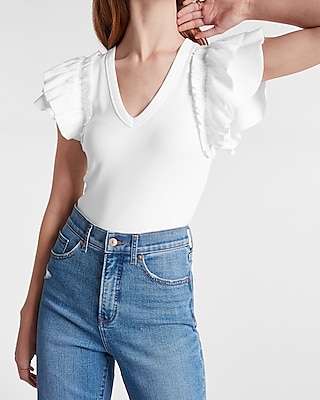 Ribbed V-neck Ruffle Sleeve Bodysuit | Express