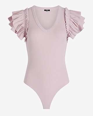 Ribbed V-Neck Ruffle Sleeve Bodysuit