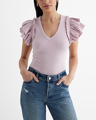 Ribbed V-Neck Ruffle Sleeve Bodysuit