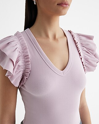 Ribbed V-Neck Ruffle Sleeve Bodysuit