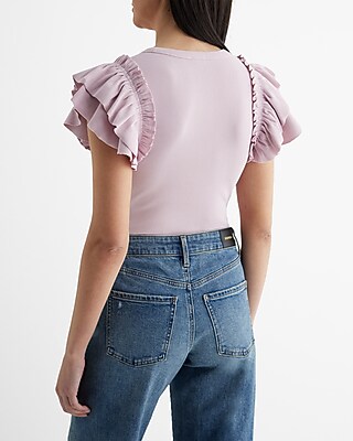 Ribbed V-Neck Ruffle Sleeve Bodysuit
