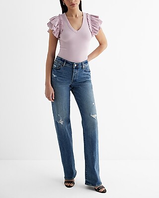 Ribbed V-Neck Ruffle Sleeve Bodysuit