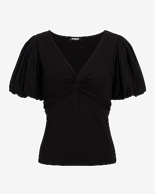V-Neck Puff Sleeve Twist Front Tee