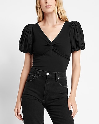 V-Neck Puff Sleeve Twist Front Tee
