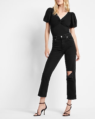 V-Neck Puff Sleeve Twist Front Tee