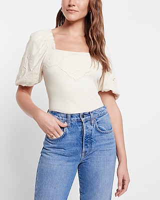 Embroidered Square Neck Puff Sleeve Top