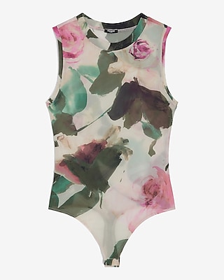 Floral Fitted Mesh Sleeveless Crew Neck Bodysuit