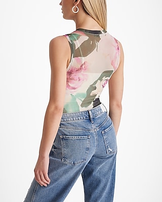 Floral Fitted Mesh Sleeveless Crew Neck Bodysuit