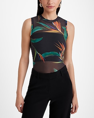 Floral Fitted Mesh Sleeveless Crew Neck Bodysuit