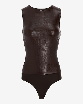 Body Contour Croc Faux Leather High Neck Thong Bodysuit