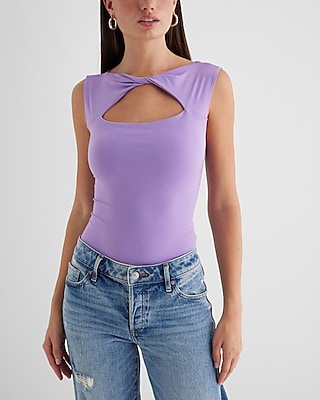 Express Body Contour Compression Silky Mock Neck Cutout Thong Bodysuit  Purple Women's XS