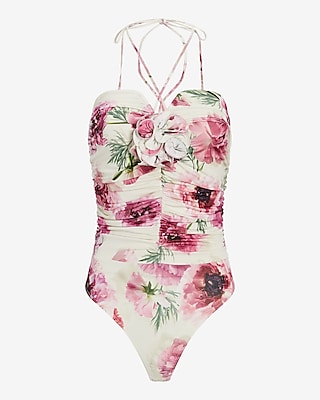 Body Contour Compression Floral Halter Rosette Bodysuit