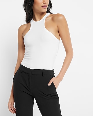 Express, Body Contour Ribbed High Neck Sweater Tank in White