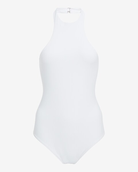 Express Body Contour High Compression Halter Neck Bodysuit White