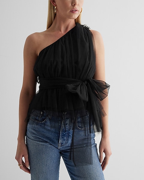 Tulle One Shoulder Peplum Top | Express