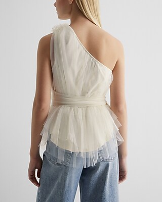 Tulle One Shoulder Peplum Top | Express