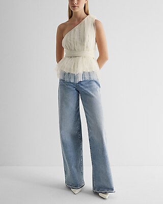 Tulle One Shoulder Peplum Top | Express