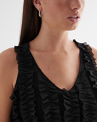 Skimming Sheer Mesh V-Neck Ruffle Tank