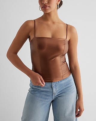 Body Contour Metallic Faux Leather Square Neck Cropped Cami