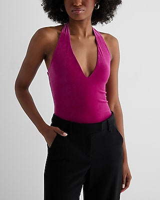 Body Contour Velvet Deep V-neck Halter Bodysuit | Express