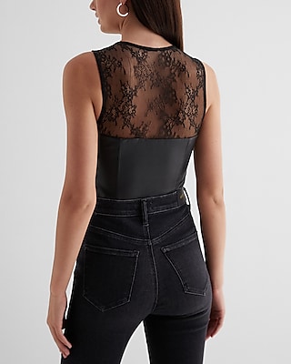 Body Contour High Neck Faux Leather Lace Bodysuit