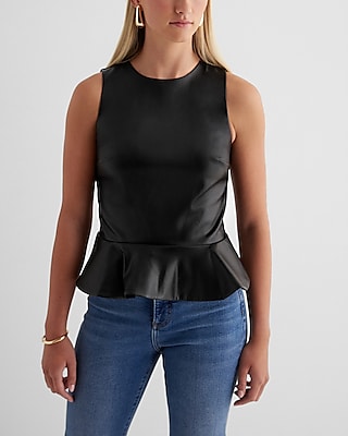 Faux Leather Crew Neck Peplum Tank