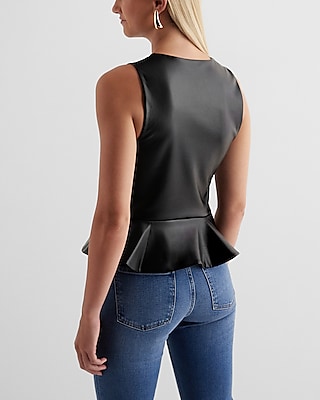 Faux Leather Crew Neck Peplum Tank